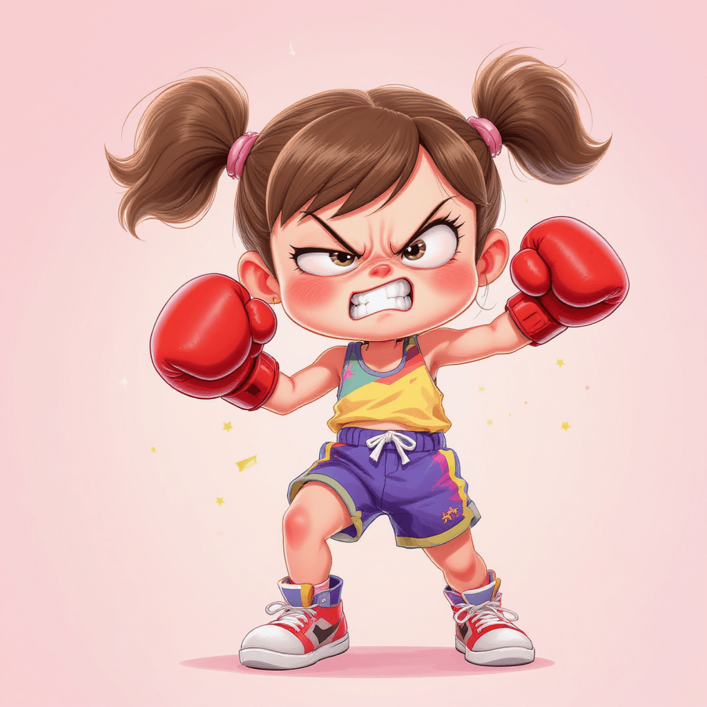 AI generated: A cute little girl dancing a boxing-style dance with exaggerated and funny expressions. She’s puffin...