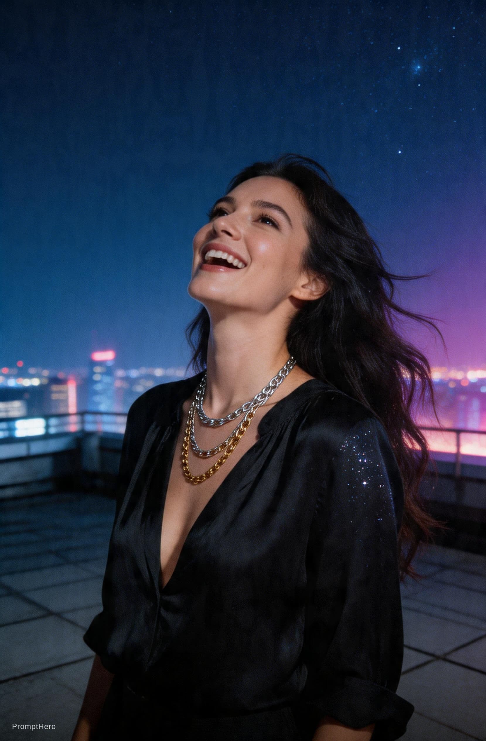AI generated: A grainy, high-ISO rooftop documentary scene captures a tall, statuesque woman with long, dark, wind...