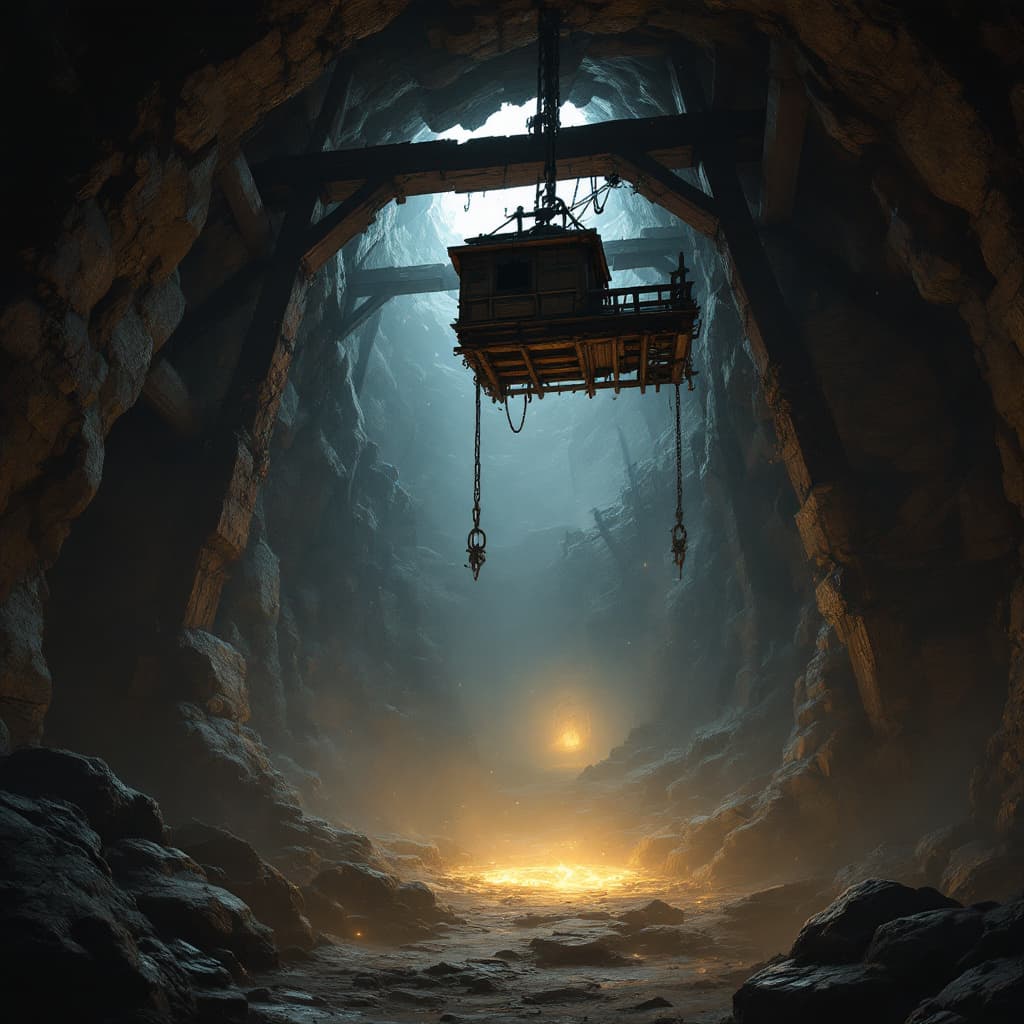 AI generated: Underground fantasy mine shaft with broken wooden elevator hanging on chains, stone tunnel with rott...