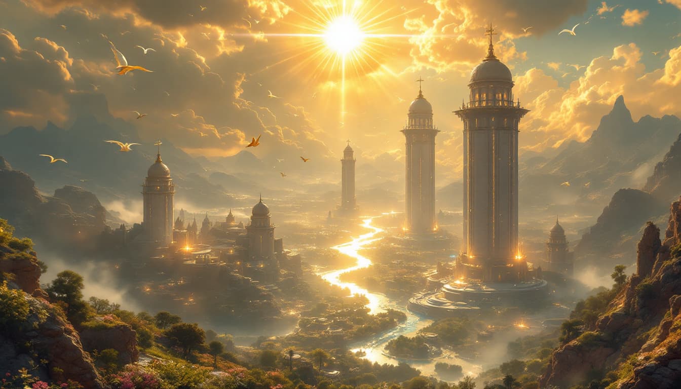 AI generated: A wide cinematic landscape showing the floating Empyrean Bastion in the far distance, glowing with d...