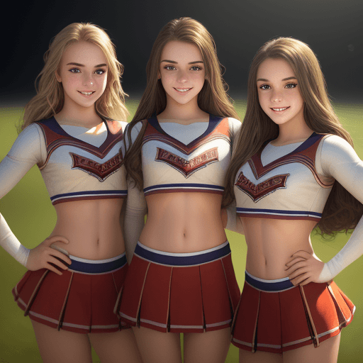 AI generated:  half body photo of 4 smiling cheerleaders, 21 years old, detailed eyes, sharp pupils, realistic pup...