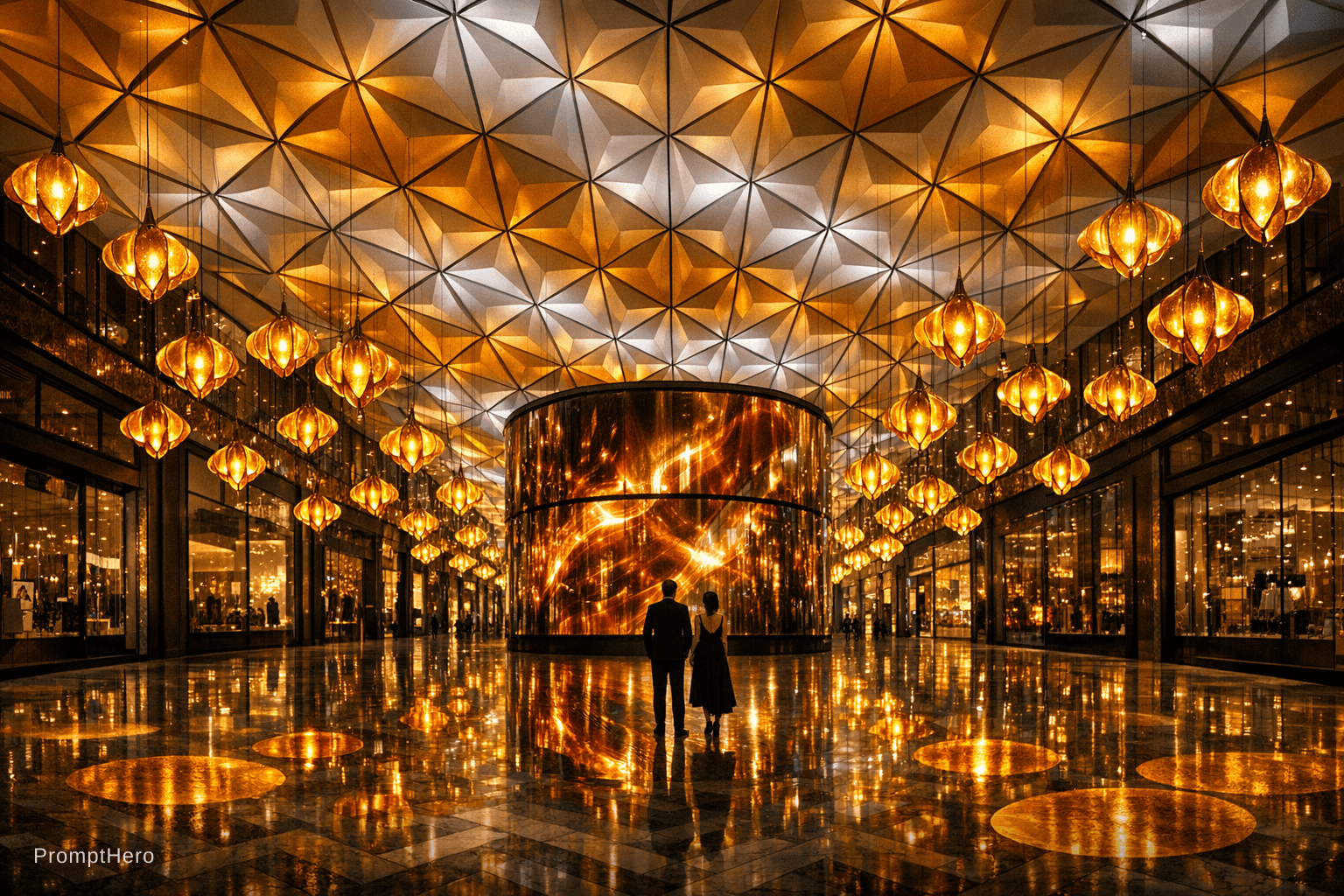 AI generated: A wide interior shot looking down the full length of the Victoria Gate shopping mall at night, the d...