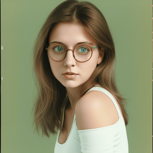 AI generated: Portrait of a young woman with brown hair, blue eyes, light green round tortoiseshell glasses, weari...