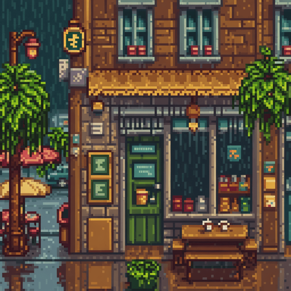 AI generated: 16 bit pixel art, outside of a coffeeshop on a rainy daycinematic still, hdr, SAI Pixel Art