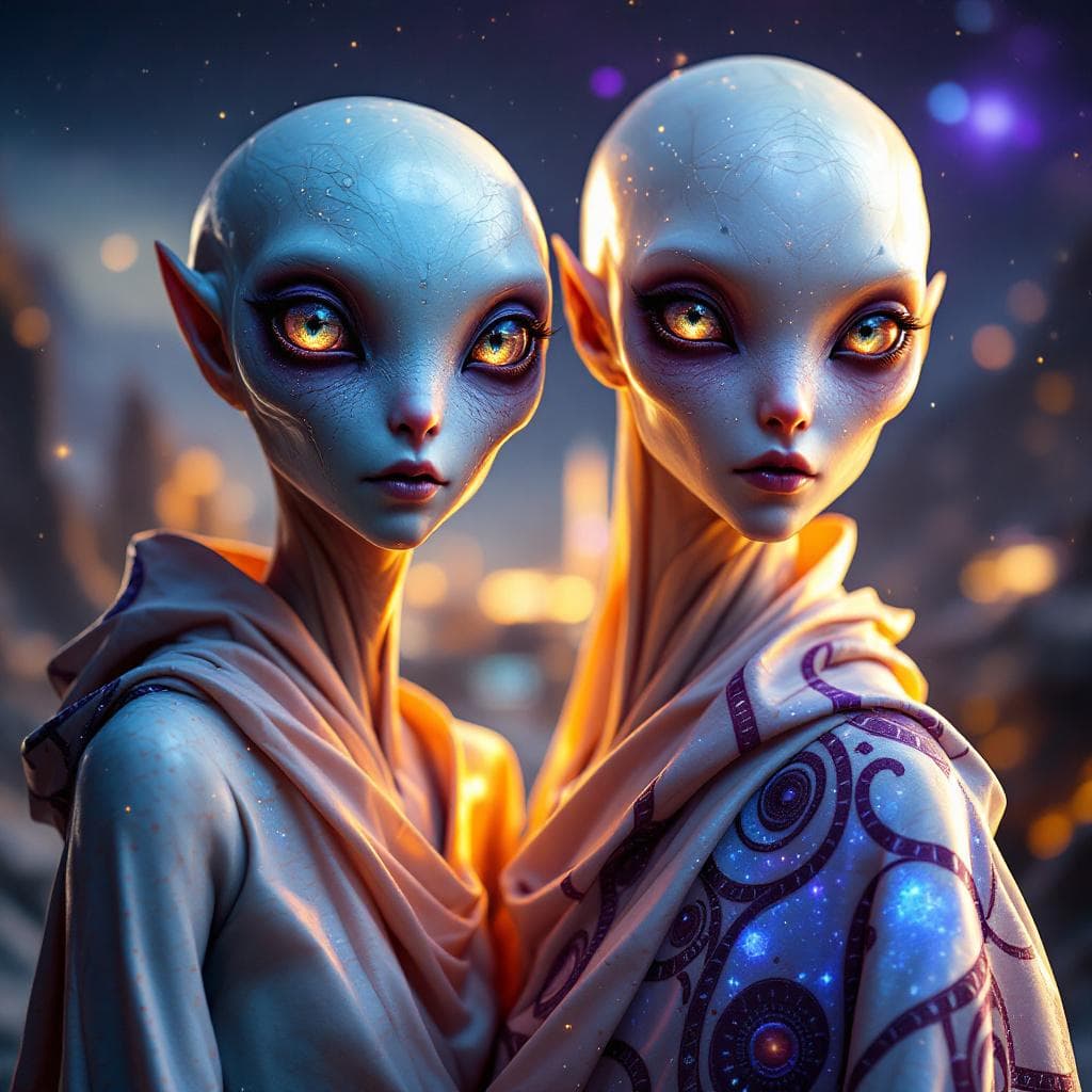 AI generated: Create a unique, flesh, organic, species, Male and Female. An otherworldly alien figure with iridesc...