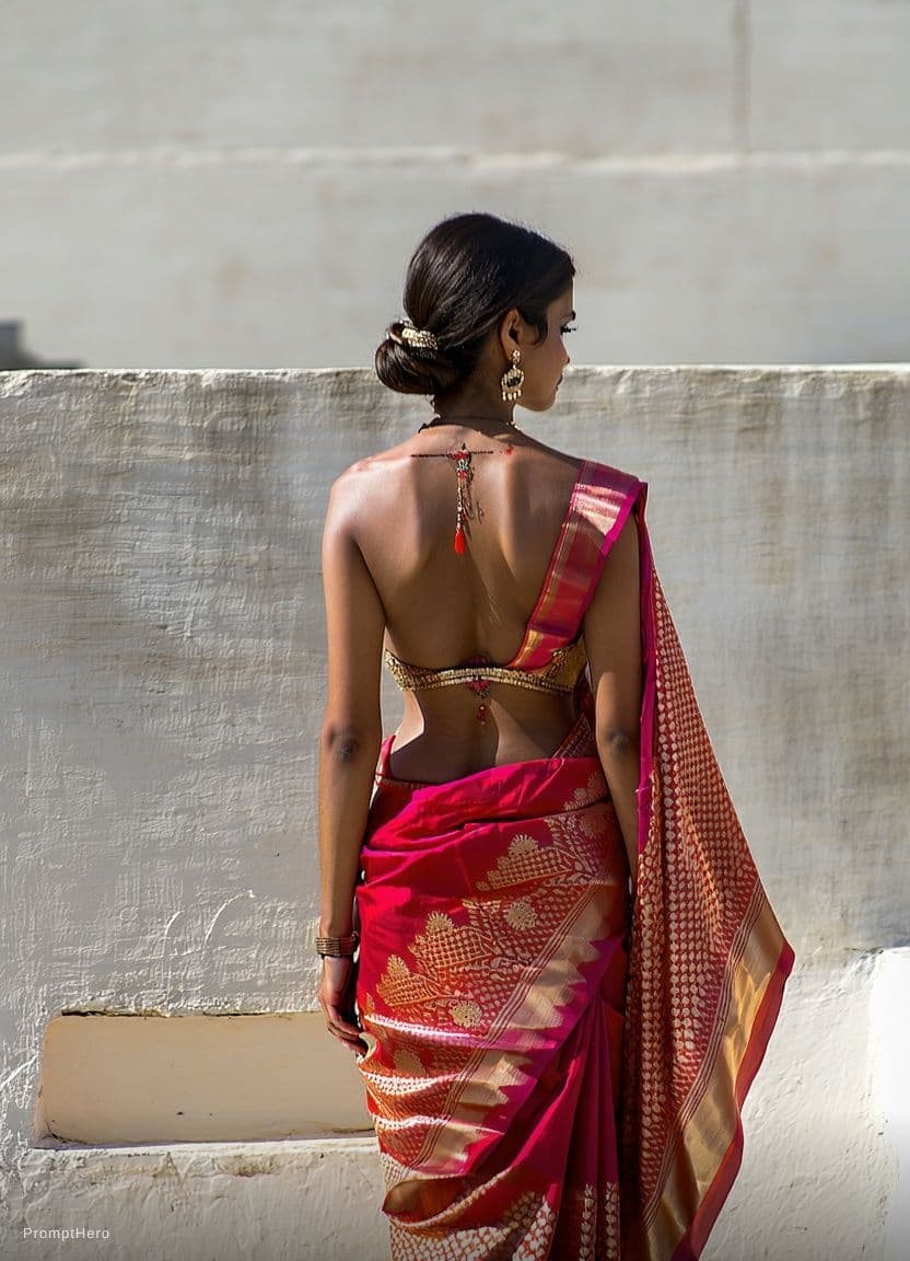 AI generated: Remove her dress. Wearing a back saree. Show her navel.