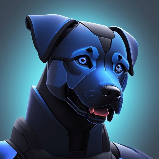 AI generated: A stylized robo-themed illustration of a Labrador dog head, seen directly from the front, in a blue ...