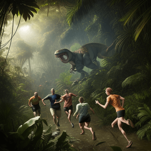 AI generated: 3 men and 5 women run in the deep jungle chased by an invisible dinosaur, landscape, photo reportage...