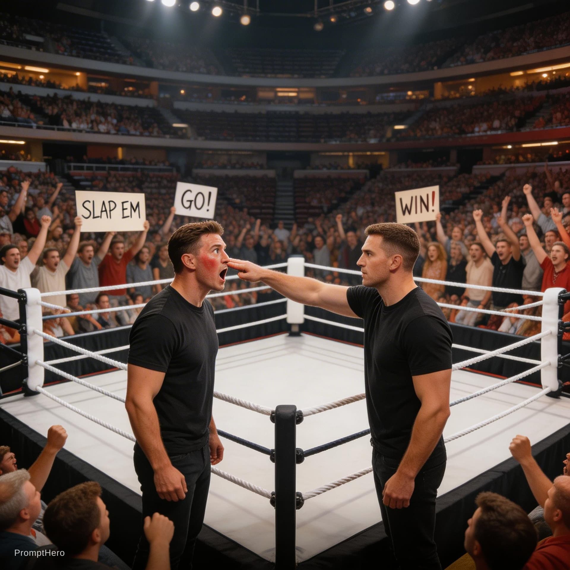 AI generated: slap game in a big ring with audience
