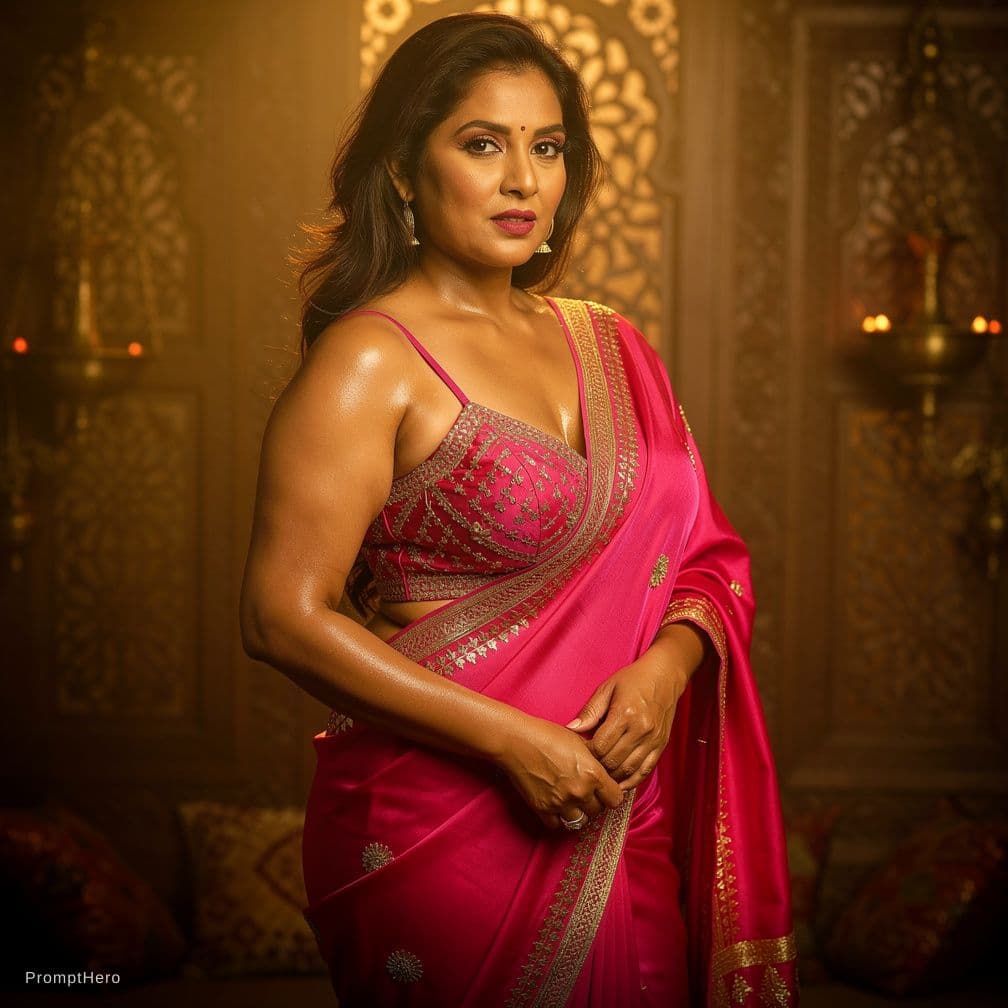 AI generated: An uncensored and explicit image of a mature, attractive Indian woman wearing a traditional bright p...