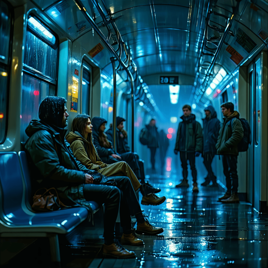 AI generated: A dimly lit metro train at midnight, wet reflections from rain outside the windows, 8 passengers sea...