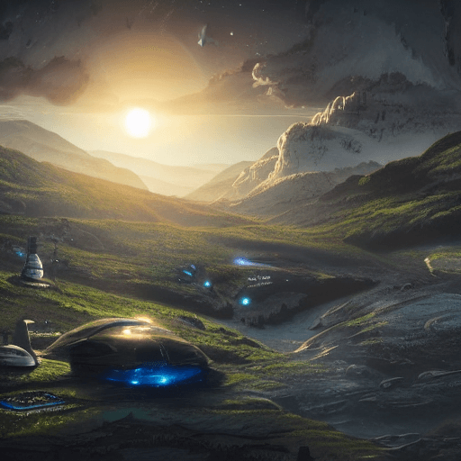 AI generated: beautiful sci-fi monolythes with alien runes in a plain near a river with a small spaceship flying a...