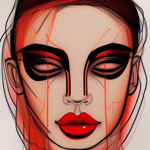 AI generated: a drawing of a woman's face with a red eyeshadow, in the style of bold colorful lines, dark beige an...