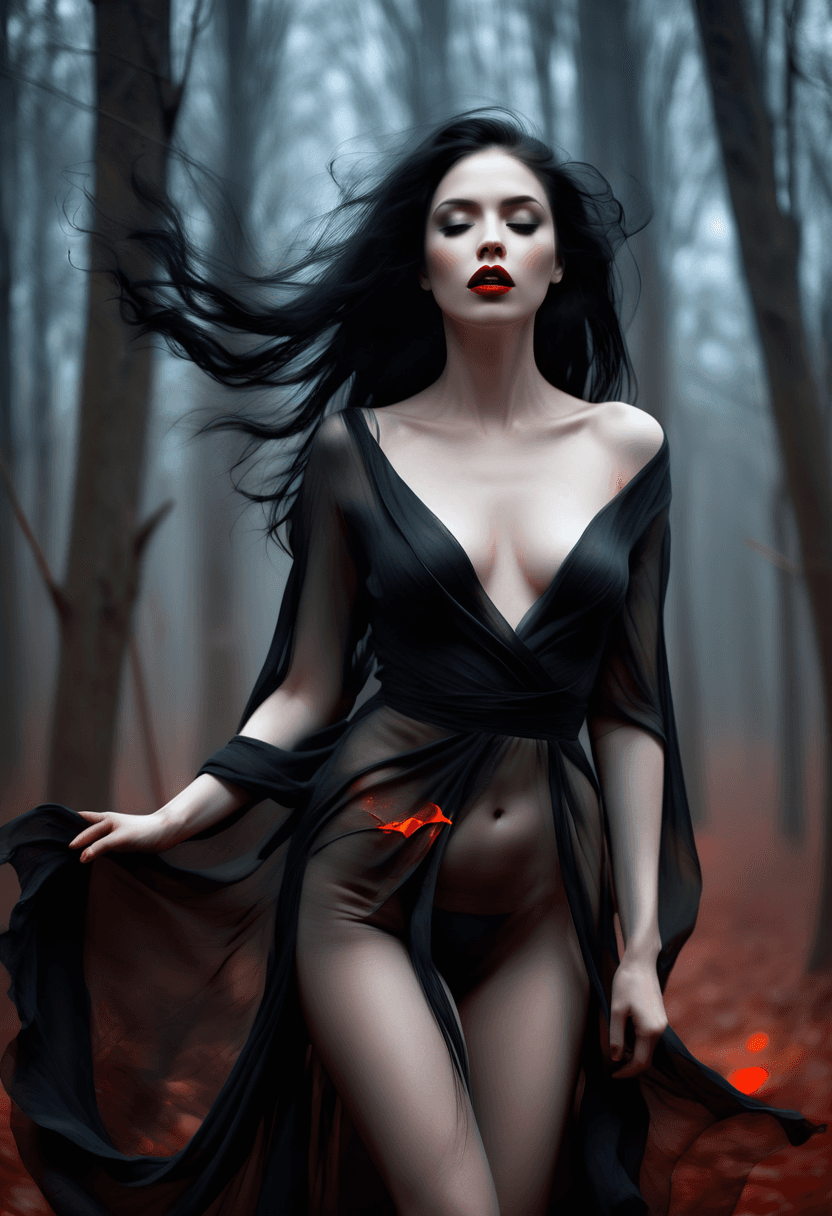 AI generated: night, dark, moody, mesmerizing, mystical, magical, enchanting, forest, electrifying, sexual, woman,...