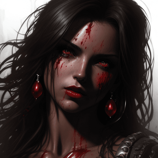 AI generated: blood drops on a woman's face, style pirate, full body, shiny eyes, elegant, lovely, dark, dramatic ...