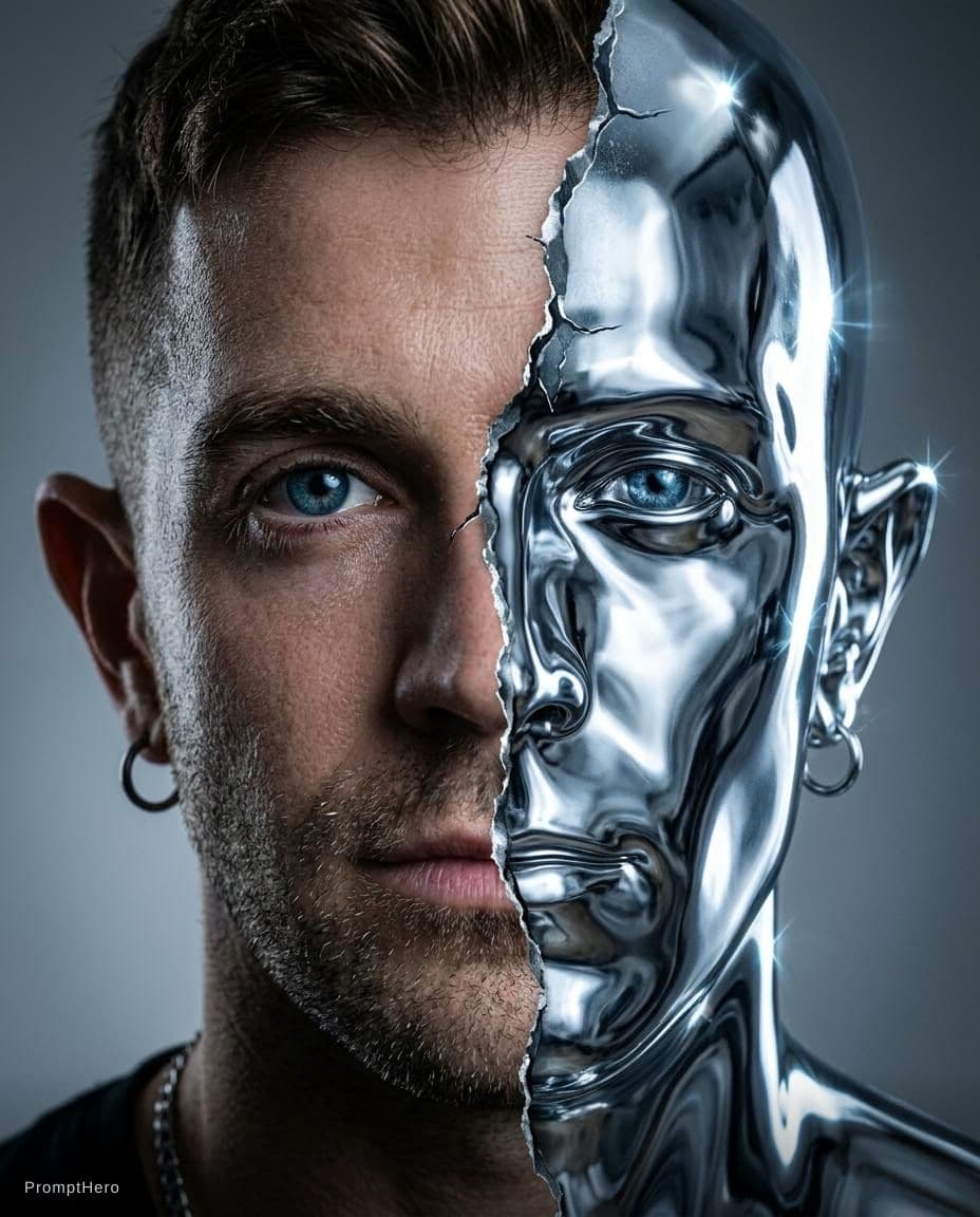 AI generated: "subject": { "name": "input image, "pose": "front-facing close-up", "expression": "calm, composed, i...