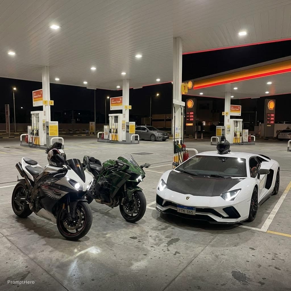 AI generated:  Merge them side by side in one real photo as standing side by side in Gas Station , make it exactly...