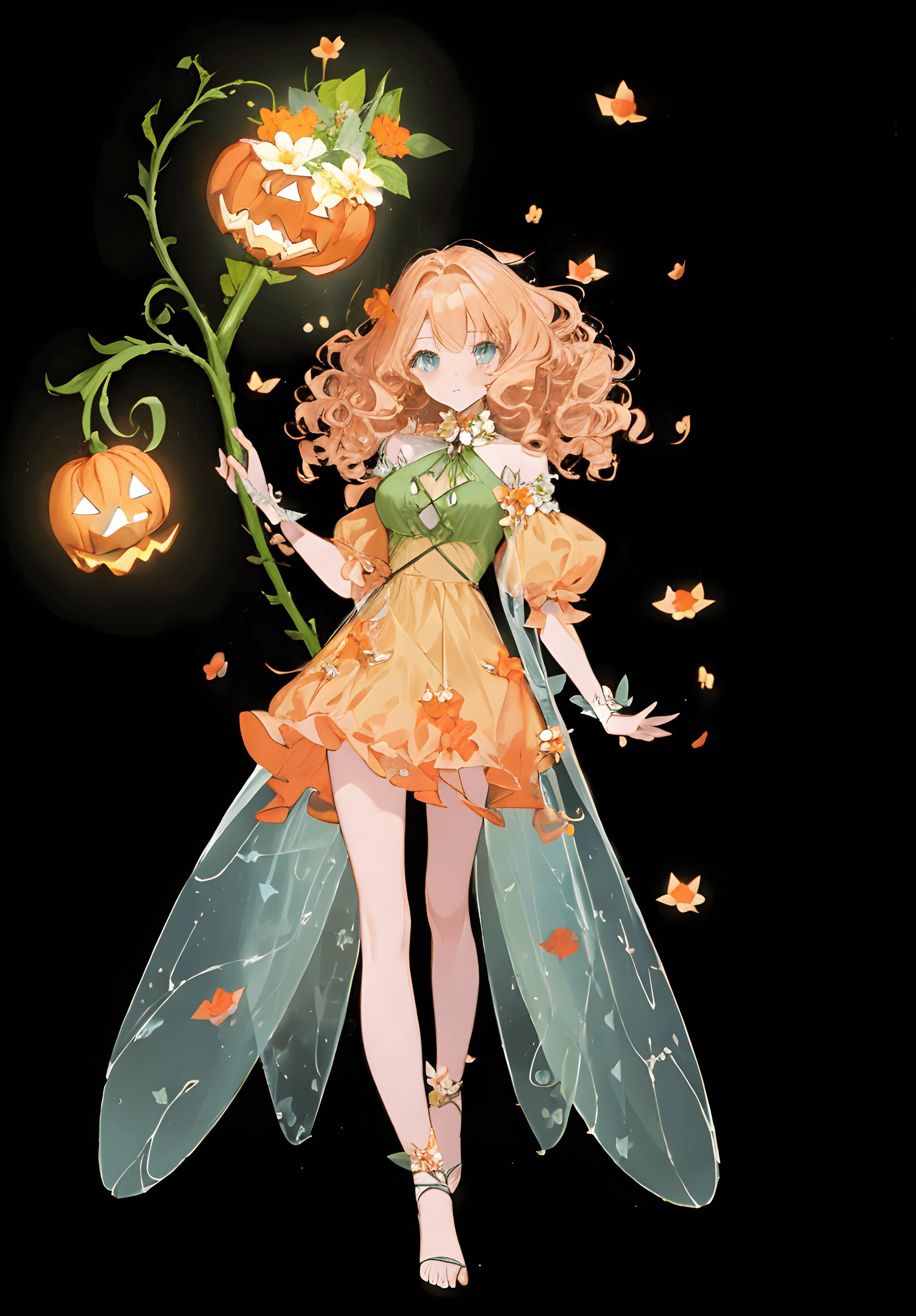AI generated: a fairy with a flower in her hand, digital art, by Marie Angel, pixiv, curly blond, in a halloween s...