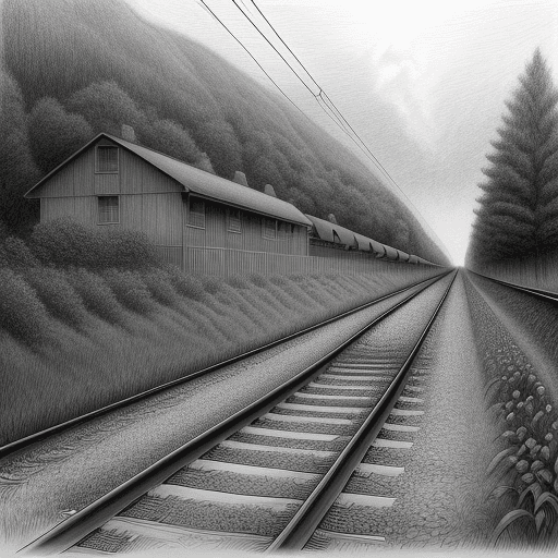 AI generated: beautiful pencil drawing of an emty rail road track, a train comeing from a dark tunel  on  little b...