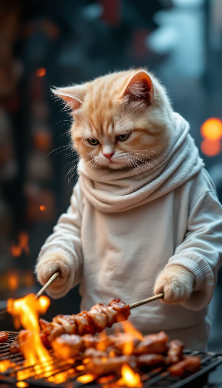 AI generated: Dramatic photo, panorama, full body, anthropomorphic real cute creamy cat, wearing old white sweatsh...