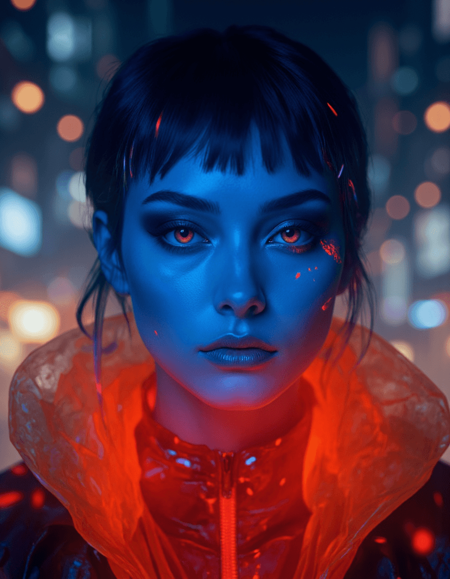 AI generated: portrait model with neon-colored eye makeup, focusing on intense black eyeshadow, glowing orange col...