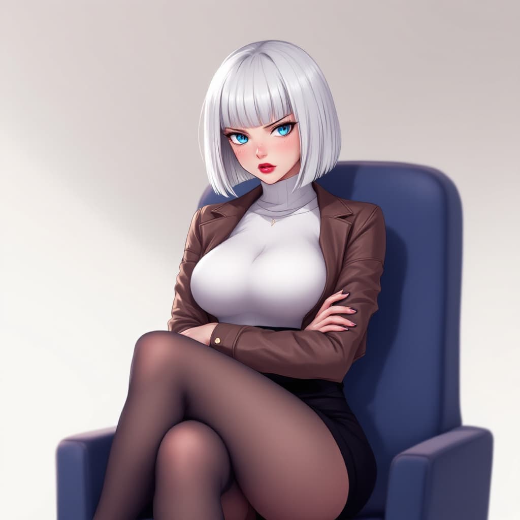 AI generated: anime, woman, white hair, bob cut, blue eyes, freckles, red lips, white turtle neck sweater, tight t...