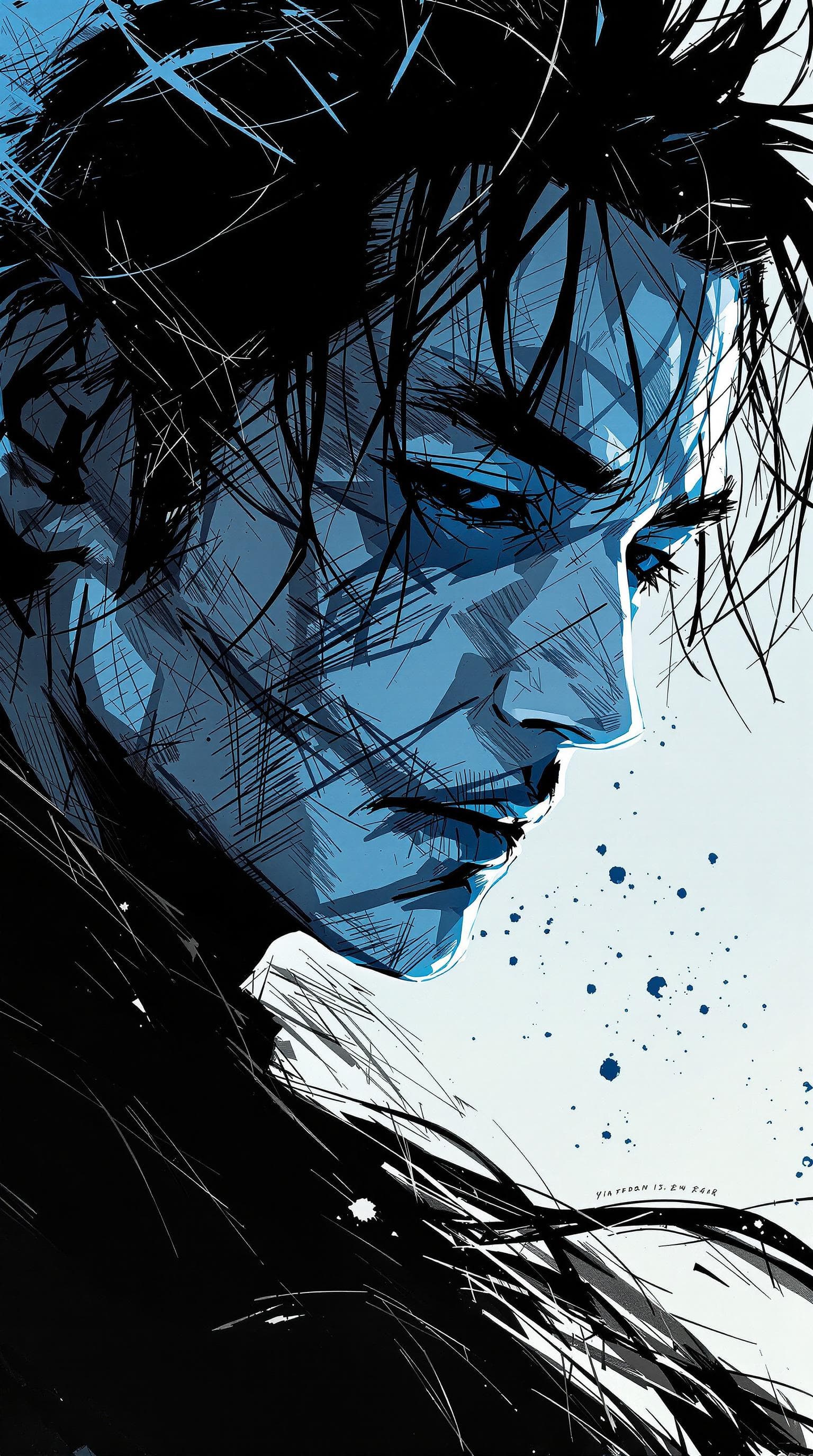 AI generated: movie poster, male character in black, white and blue, in the style of yoh nagao, light-focused --ar...