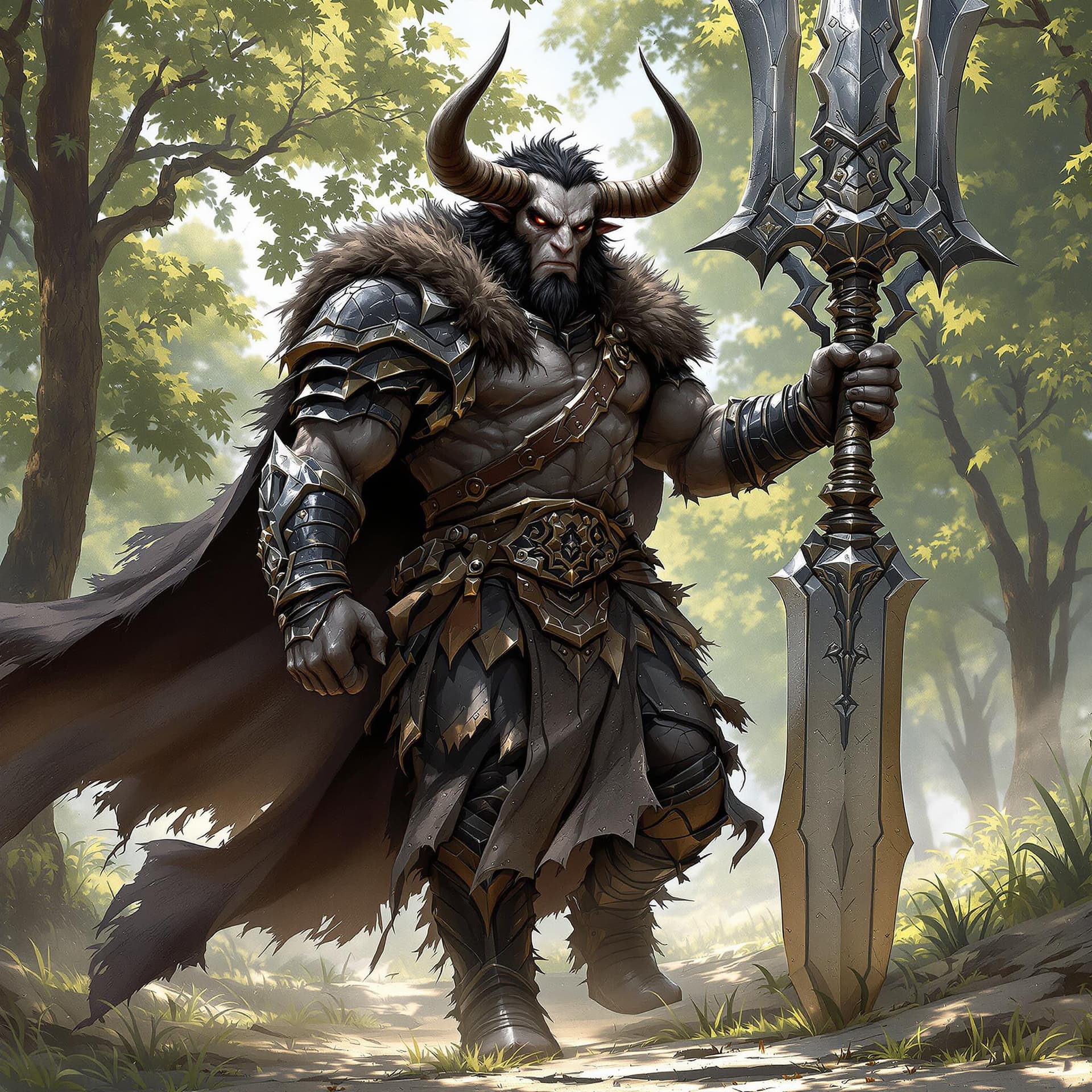 AI generated: A minotaur warrior, his face with humanoid features, clad in battered black armor. His fur-lined clo...