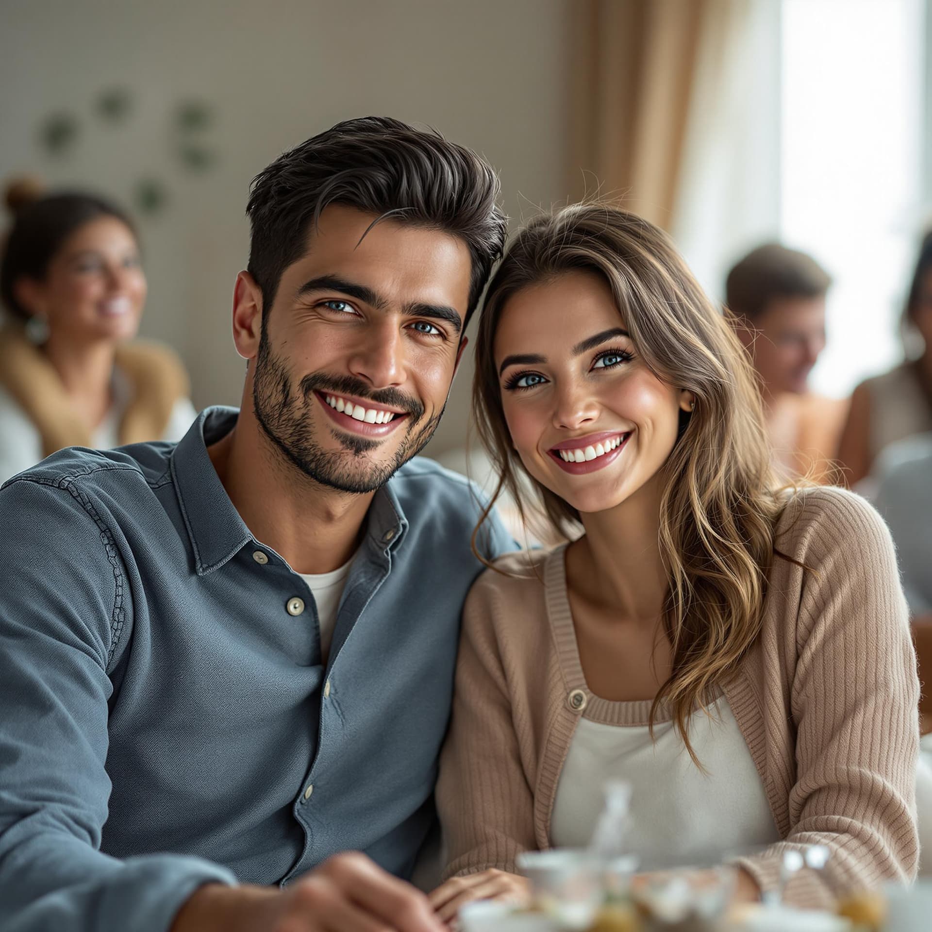 AI generated:  a male and a female, are sitting together at a family gathering. The male cousin has striking blue ...