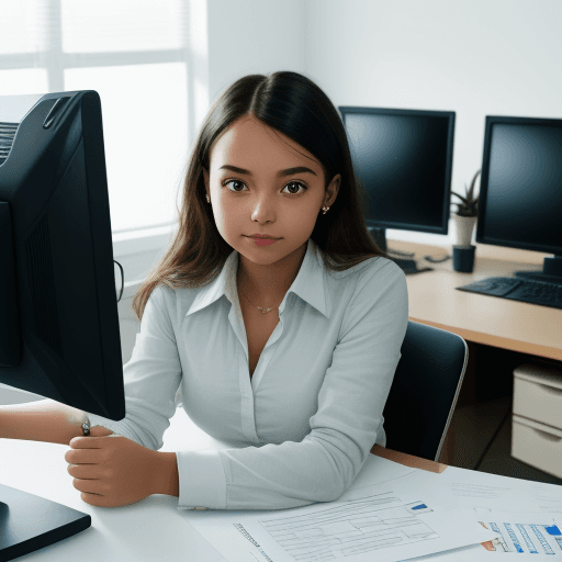 AI generated: Portrait of a young girl in business style sitting at a desk in front of a computer in a modern brig...