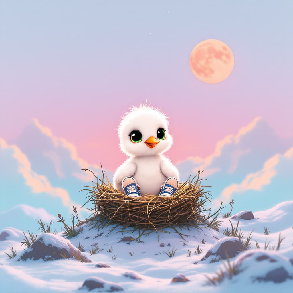 AI generated: A captivating retro anime illustration of a stork egg hatching, seen from a slightly elevated angle....
