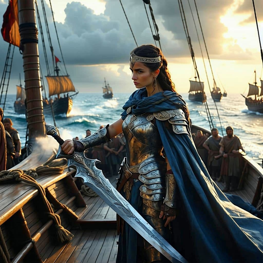 AI generated: Prompt: A powerful and determined Queen Teuta of Illyria stands at the prow of her warship, sailing ...