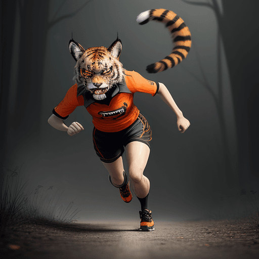 AI generated: angry lynx  on atletism track , dressed in running black short and orange jersey, full body, xbox 36...