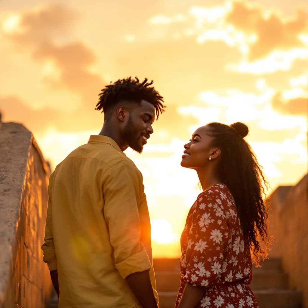 AI generated: AFRICAN BOY STARING AT A GIRL IN LOVE, BOTH IN THEIR MID THIRTIES, SUNSET BACKGROUND WALKING DOWN TH...