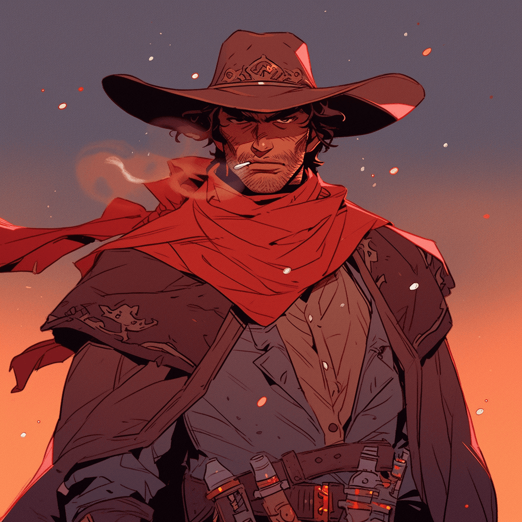 AI generated: John Wayne as an anime space cowboy like from Cowboy Bebop or Trigun:: space western theme:: western...