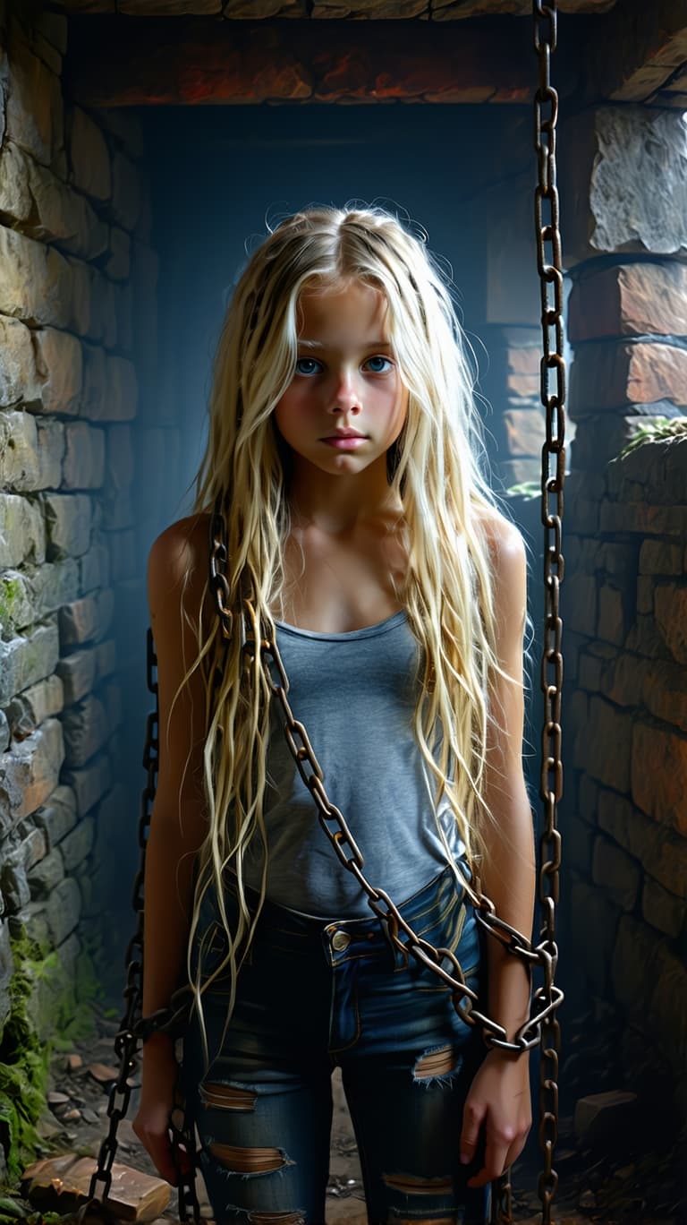 AI generated: A beautiful  trashy looking tween goddess girl long blonde hair, trapped in a dungeon, in chains ful...