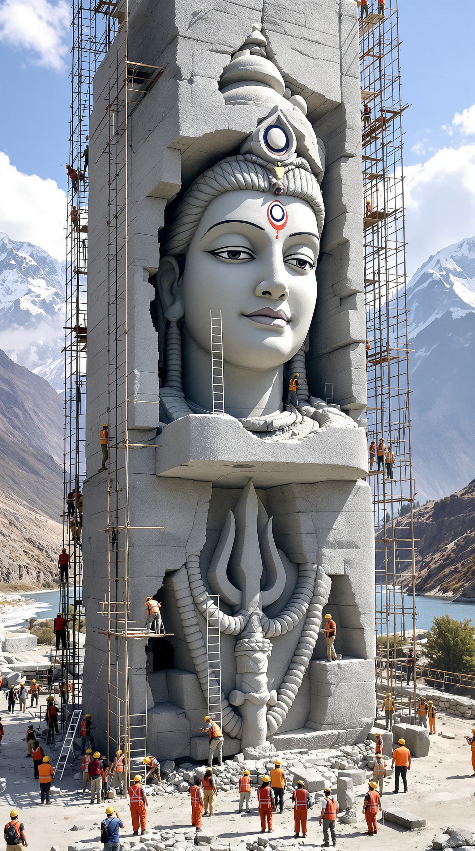 AI generated:  Generate a highly detailed image featuring a group of tiny construction workers building a colossal...