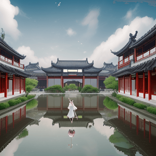 AI generated: dream like world, chinese garden architecture,suzhou style,white clouds lingering,seven fairies,surr...