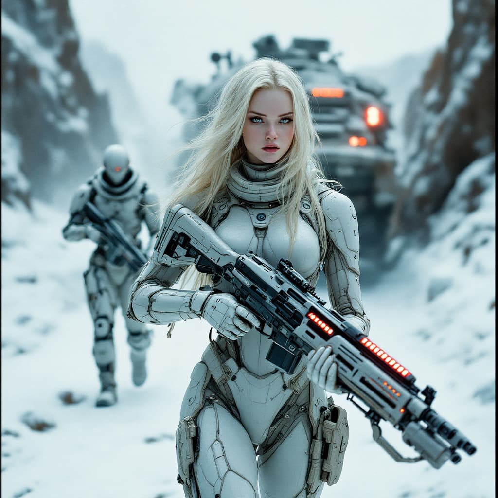 AI generated: 35mm film photography, full body view of  A young cyborg woman with pale skin, blonde hair, hold a b...