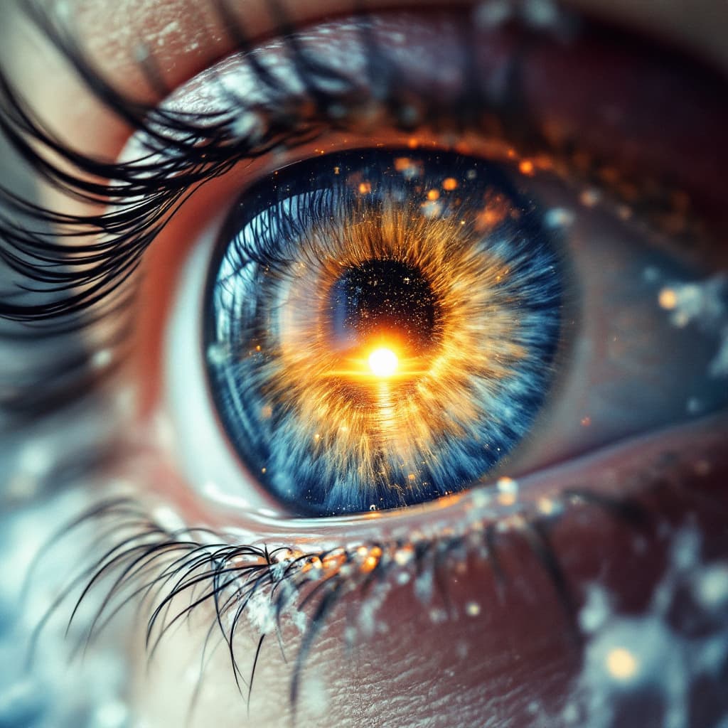 AI generated: Double exposure surrealism close up, inside an eye, as an ocean around the pupil, and the middle of ...