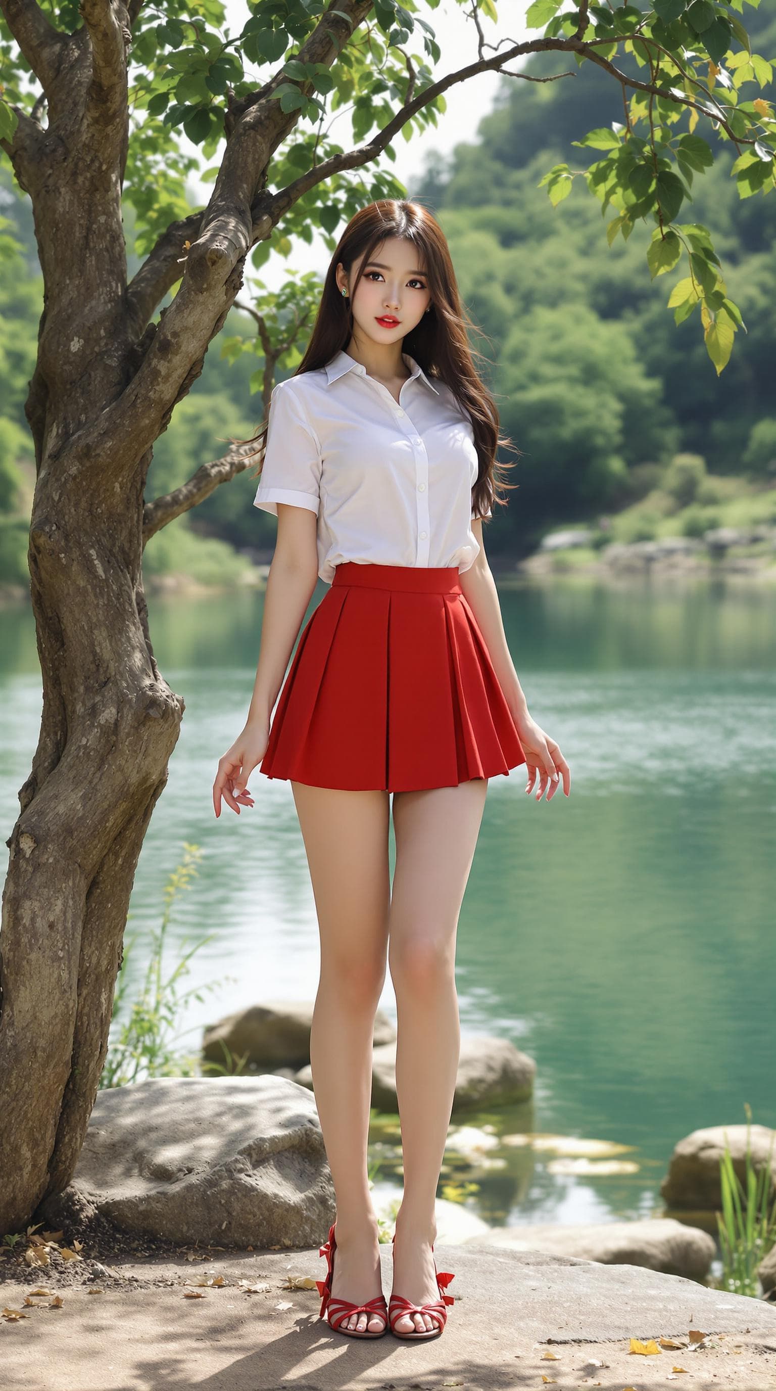 AI generated: beautiful photorealism, a girl, perfect anatomy, Vietnamese women, wearing a white short sleeves shi...