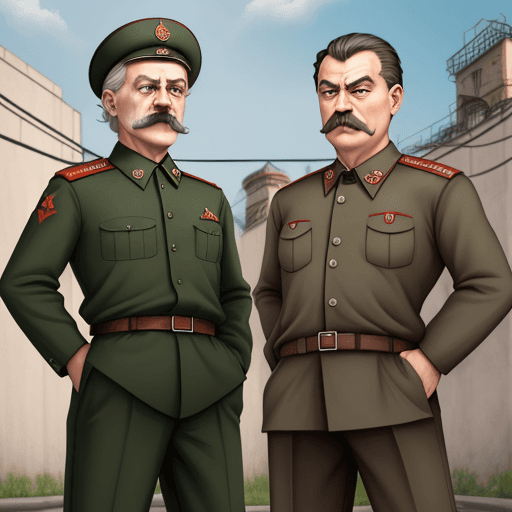 AI generated: 2 kokonats near crying stalin's pants width and prison on background