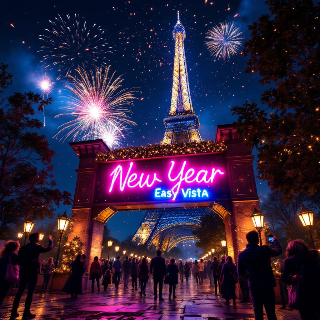 AI generated: Create a lively and festive image of people celebrating New Year's Eve in Paris in front of the Eiff...