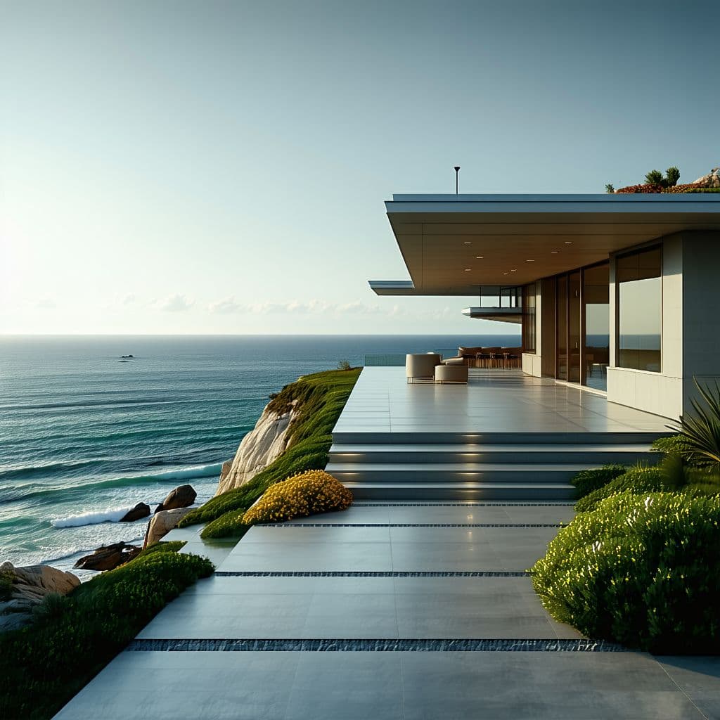 AI generated: Hyper realistic eye level exterior photo of a mid century modern style house overlooking the ocean, ...