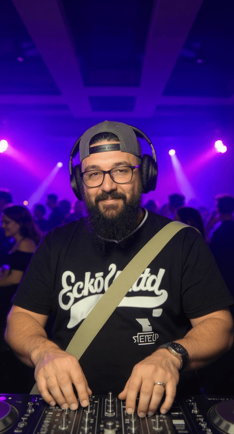 AI generated: A DJ with a beard and glasses wearing a baseball cap and a black T-shirt, headphones, entertainment ...