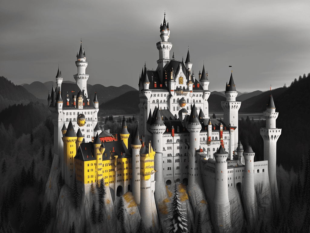 AI generated: castle Neuschwanstein but colored from top to bottom in black, red and yellow.
cinematic, photo real...