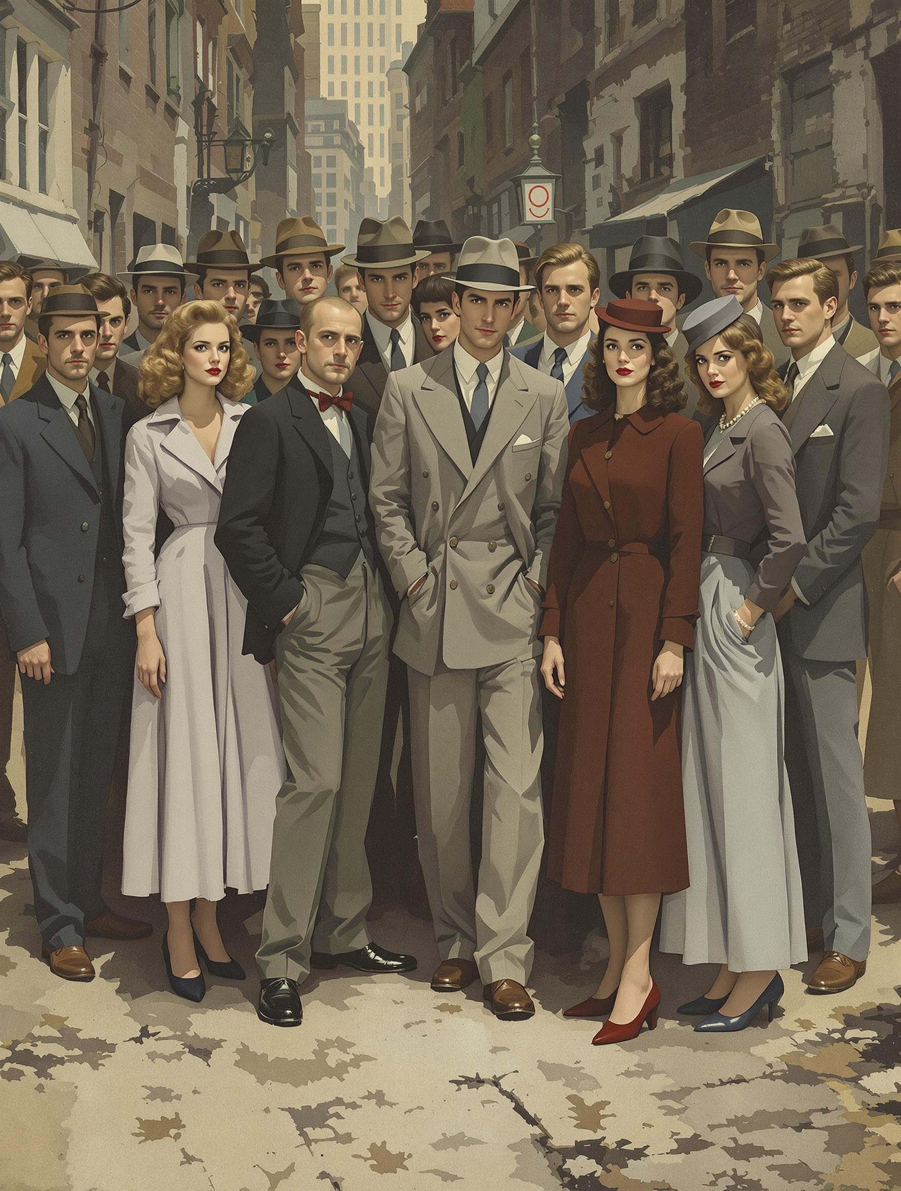 AI generated: a fashion-diverse crowd of men and women stand together facing the viewer. it is the 1940's. The bac...