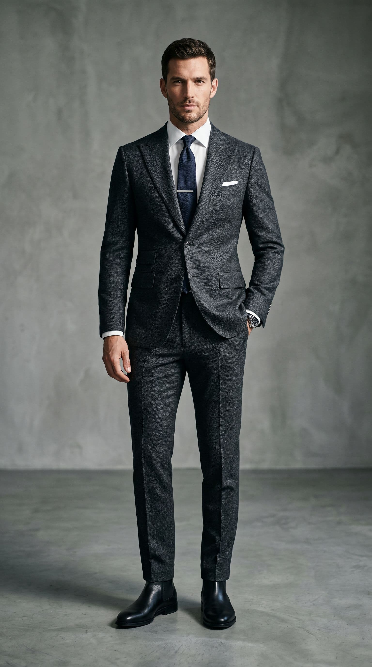 AI generated: Generate a high-end fashion image of a male model wearing a tailored modern suit with sharp lapels a...