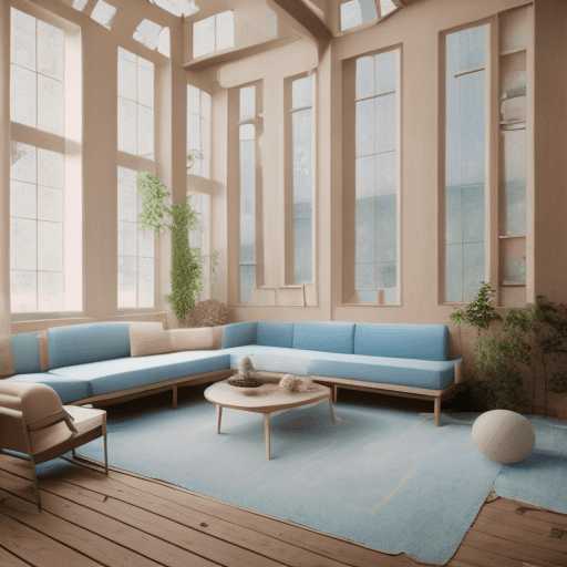 AI generated: High resolution photography interior design, dreamy sunken living room conversation pit, wooden floo...