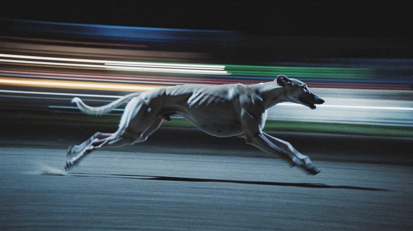 AI generated: cinematic long-exposure photograph of a racing greyhound dog sprinting at maximum speed, captured mi...